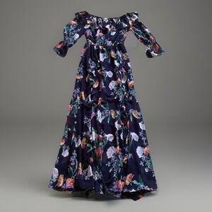NY&C Womens S Navy Floral Maxi Dress Off Shoulder Boho Ruffle Fit Flare